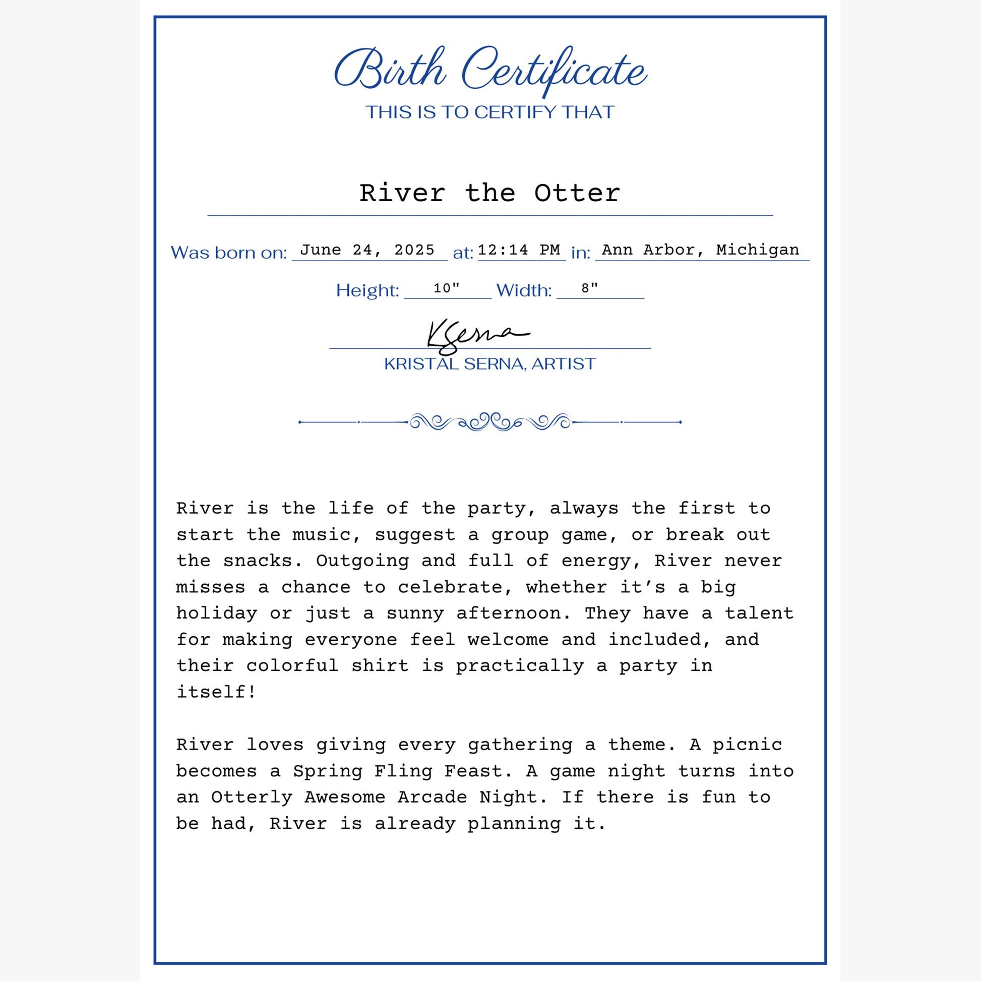 Birth certificate for 'River the Otter' with text and signature on a white background