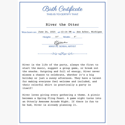 Birth certificate for 'River the Otter' with text and signature on a white background
