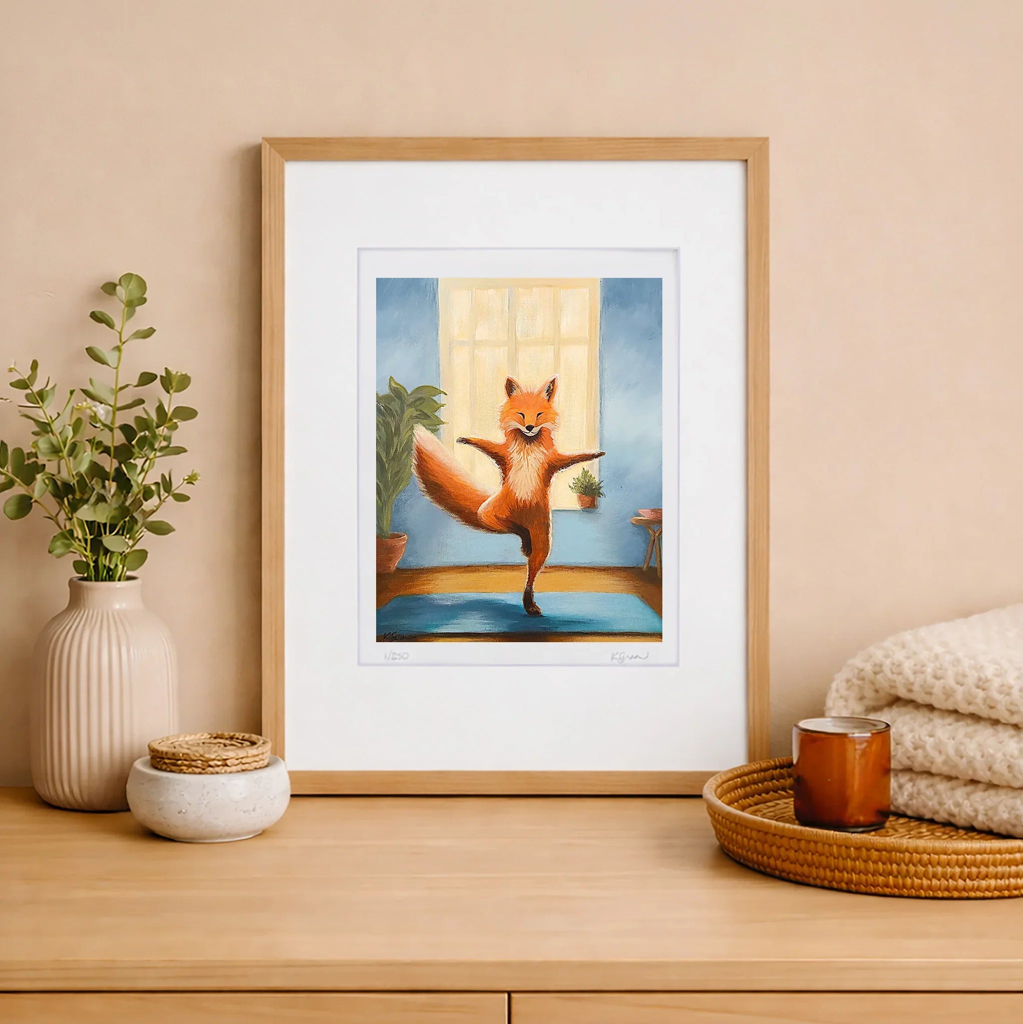 Framed artwork of a fox doing yoga.