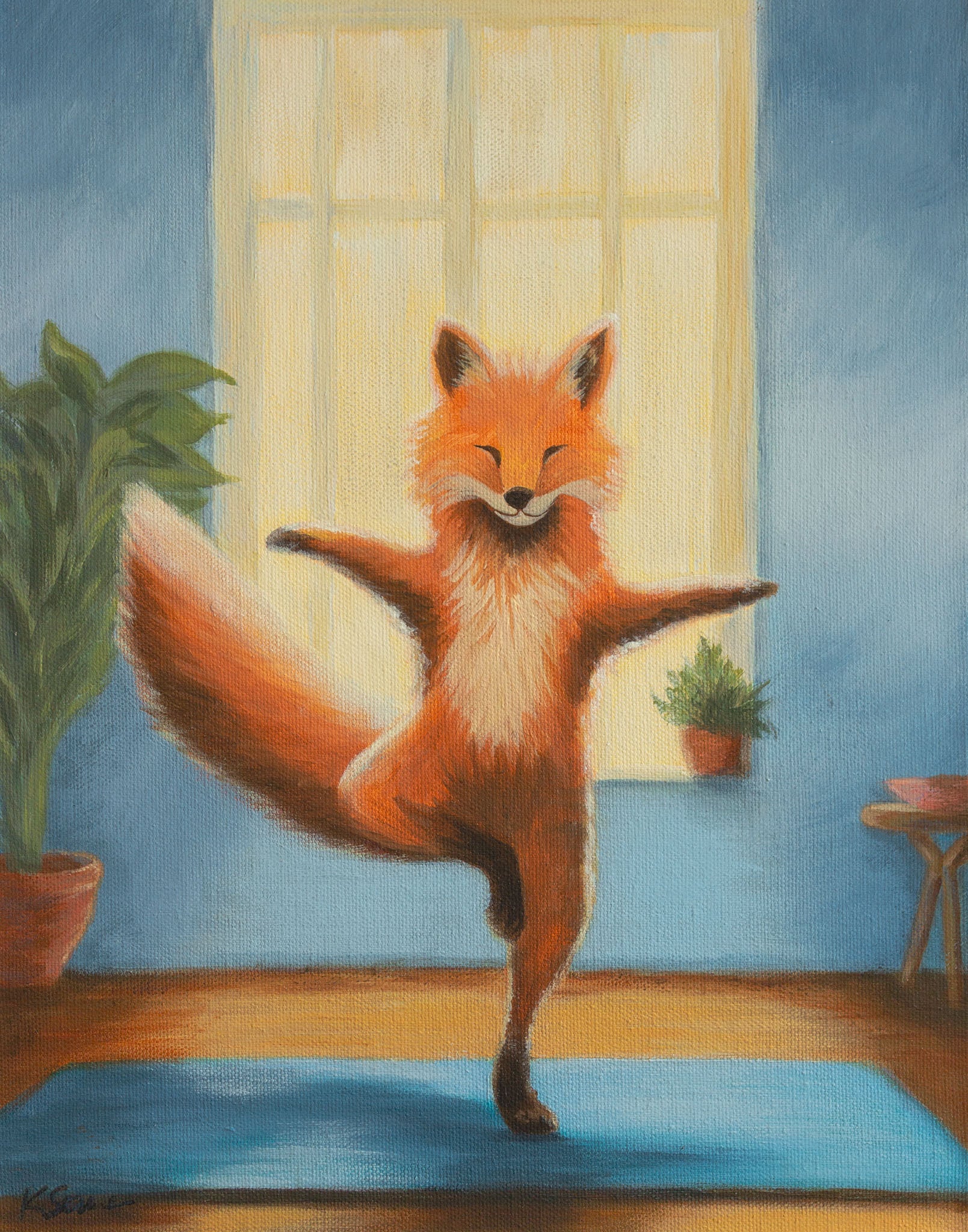 A fox doing yoga in a room with plants and a window.