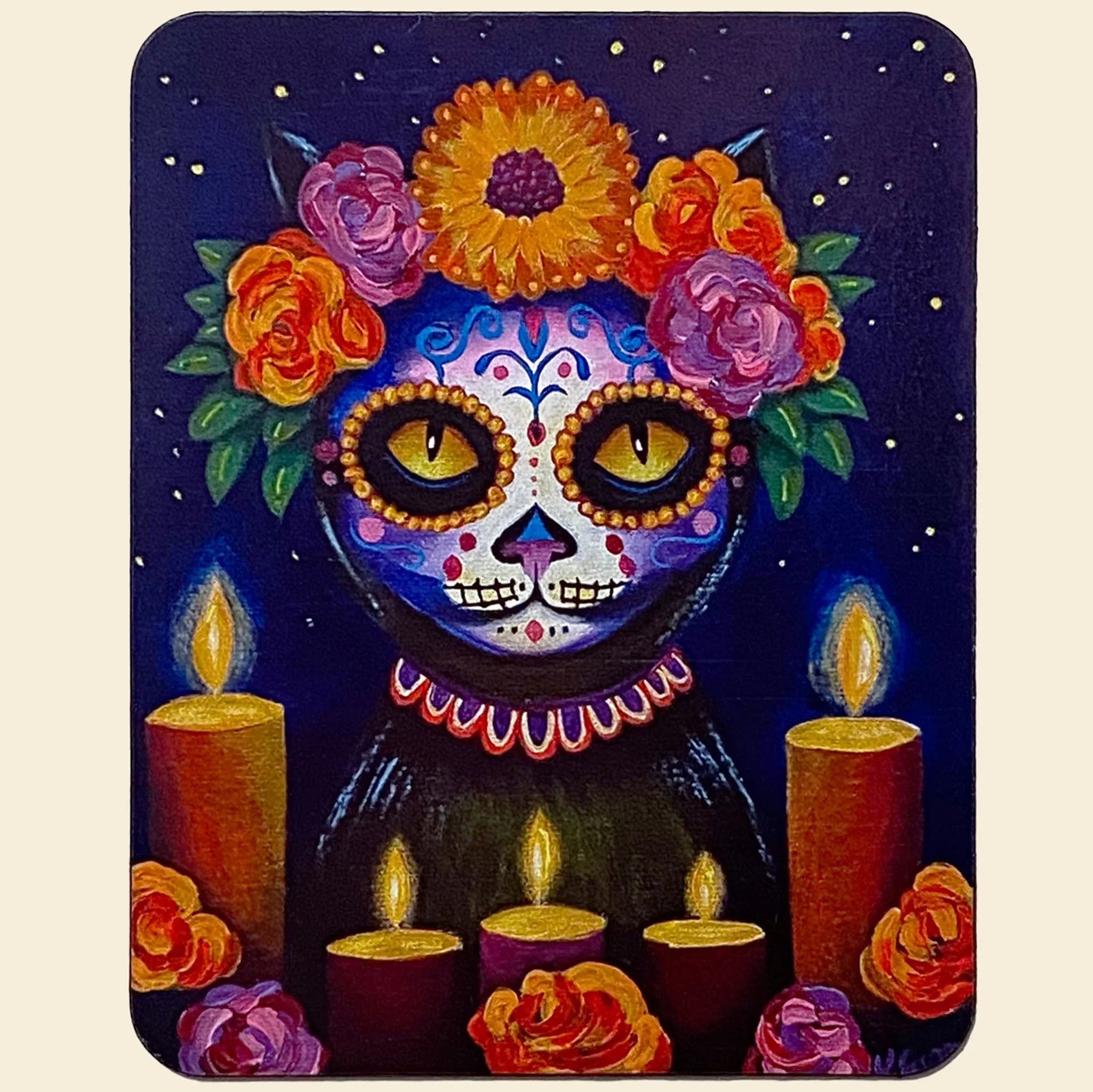 Colorful sugar skull with flowers and candles on a dark background