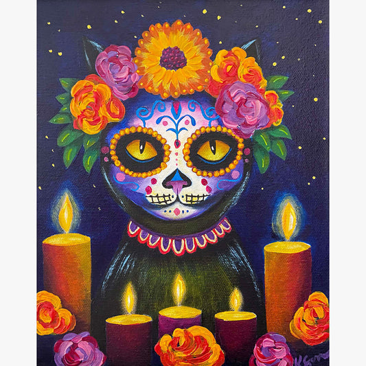 Colorful painting of a cat with sugar skull makeup and floral crown, surrounded by candles on a dark background.