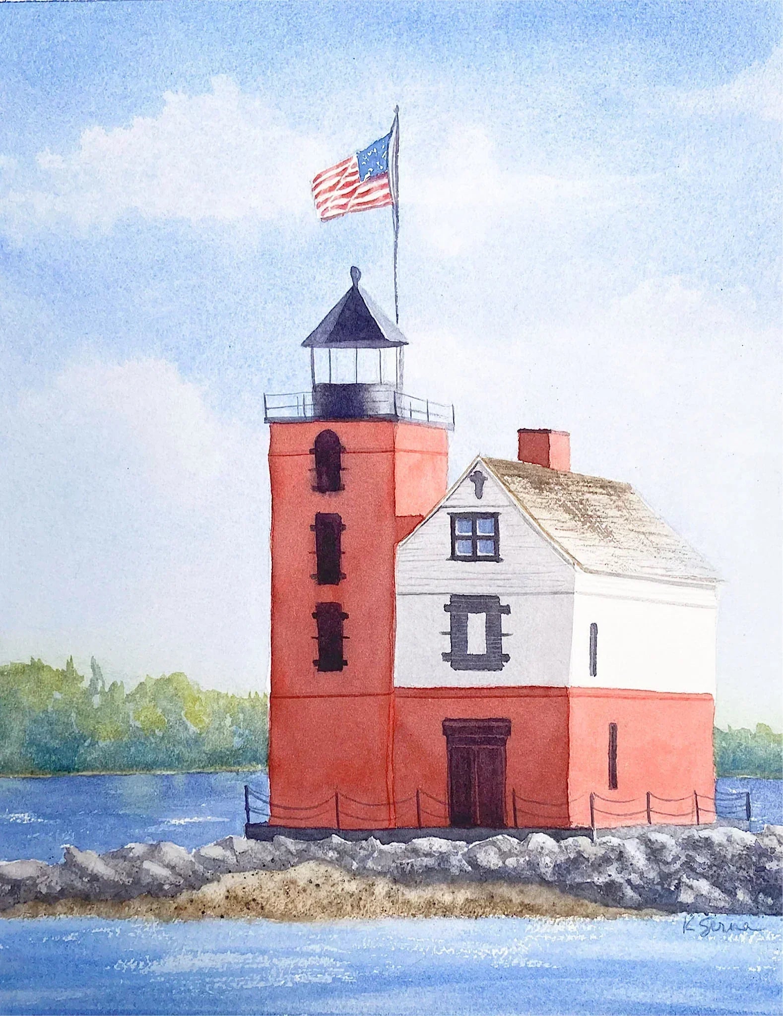 Painting of a lighthouse with an American flag on a clear sky background