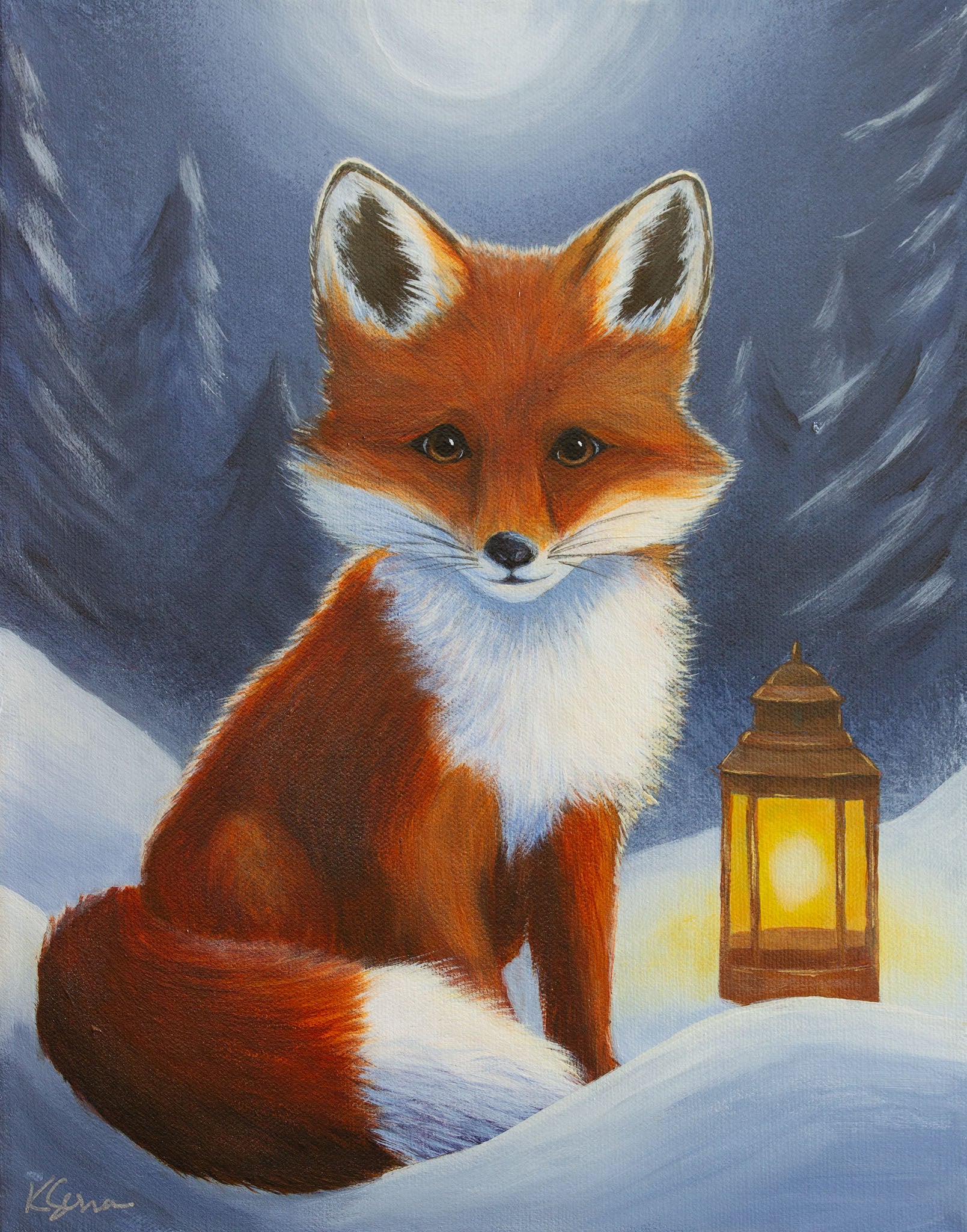 A fox in a snowy landscape with a lantern