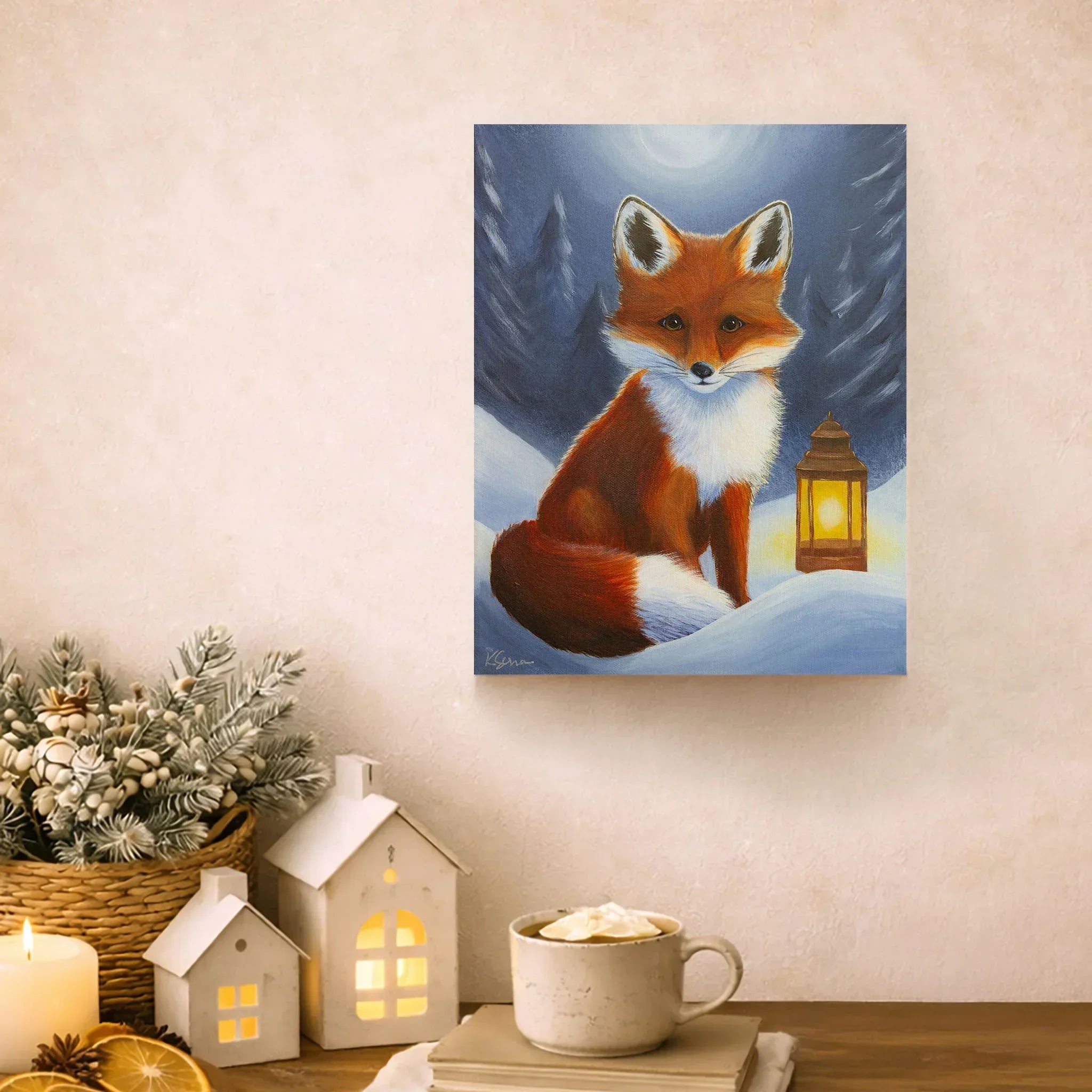 Painting of a fox in a snowy scene with decorative items on a table.