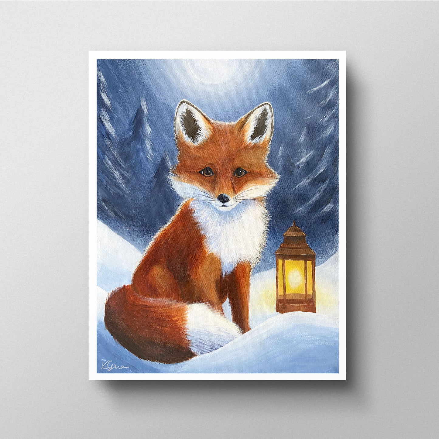 Framed artwork of a fox in a snowy landscape with a lantern.