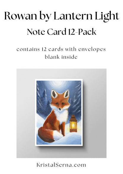 Note card set with a fox illustration and lantern, featuring the brand 'Rowan by Lantern Light'.
