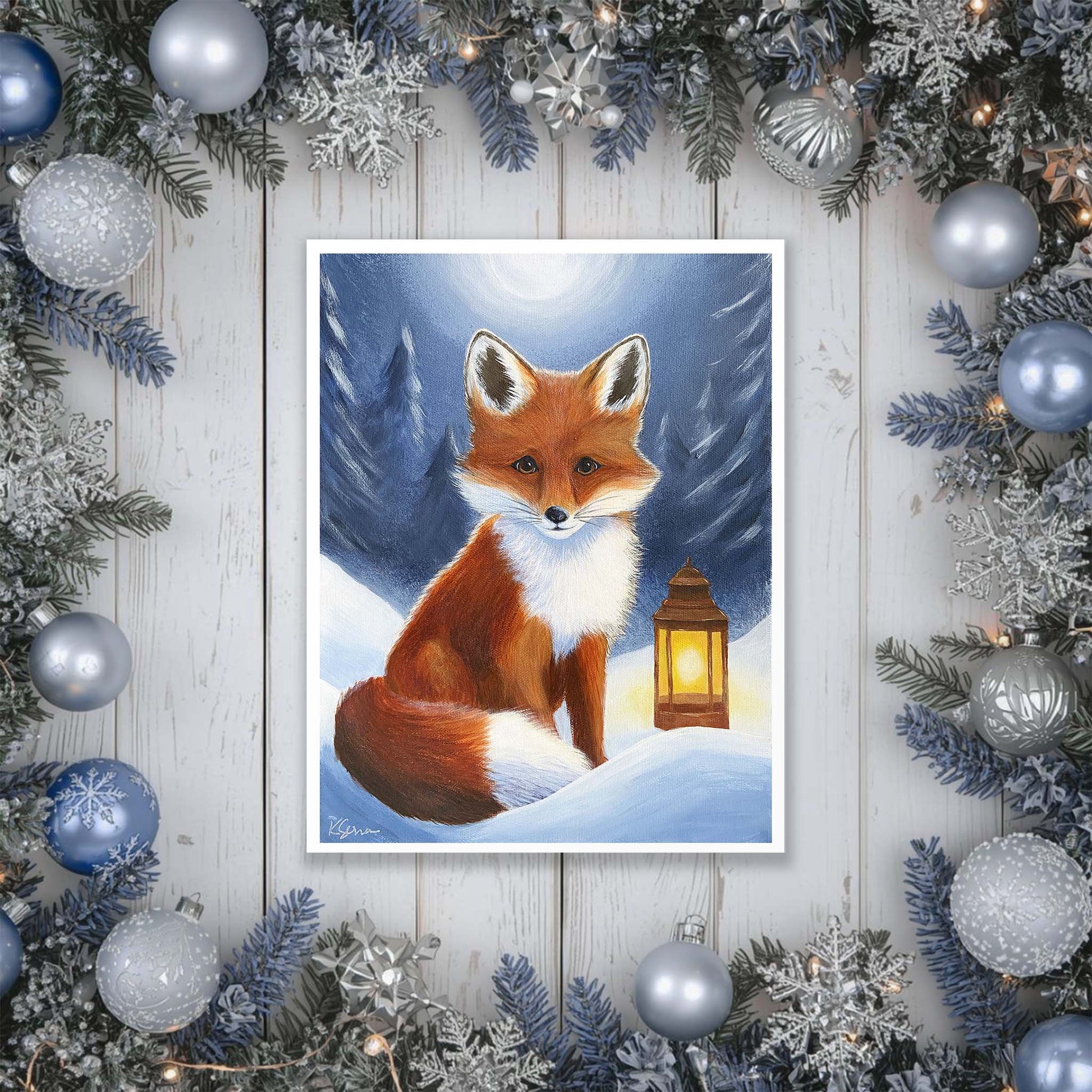 artwork of a fox in a snowy scene surrounded by Christmas decorations.