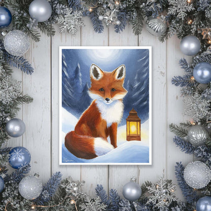 artwork of a fox in a snowy scene surrounded by Christmas decorations.