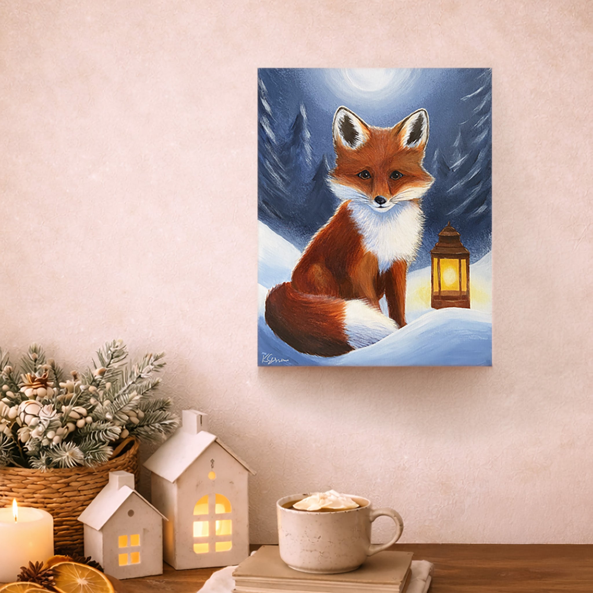 Canvas print of a fox in a snowy scene with decorative items on a table below.