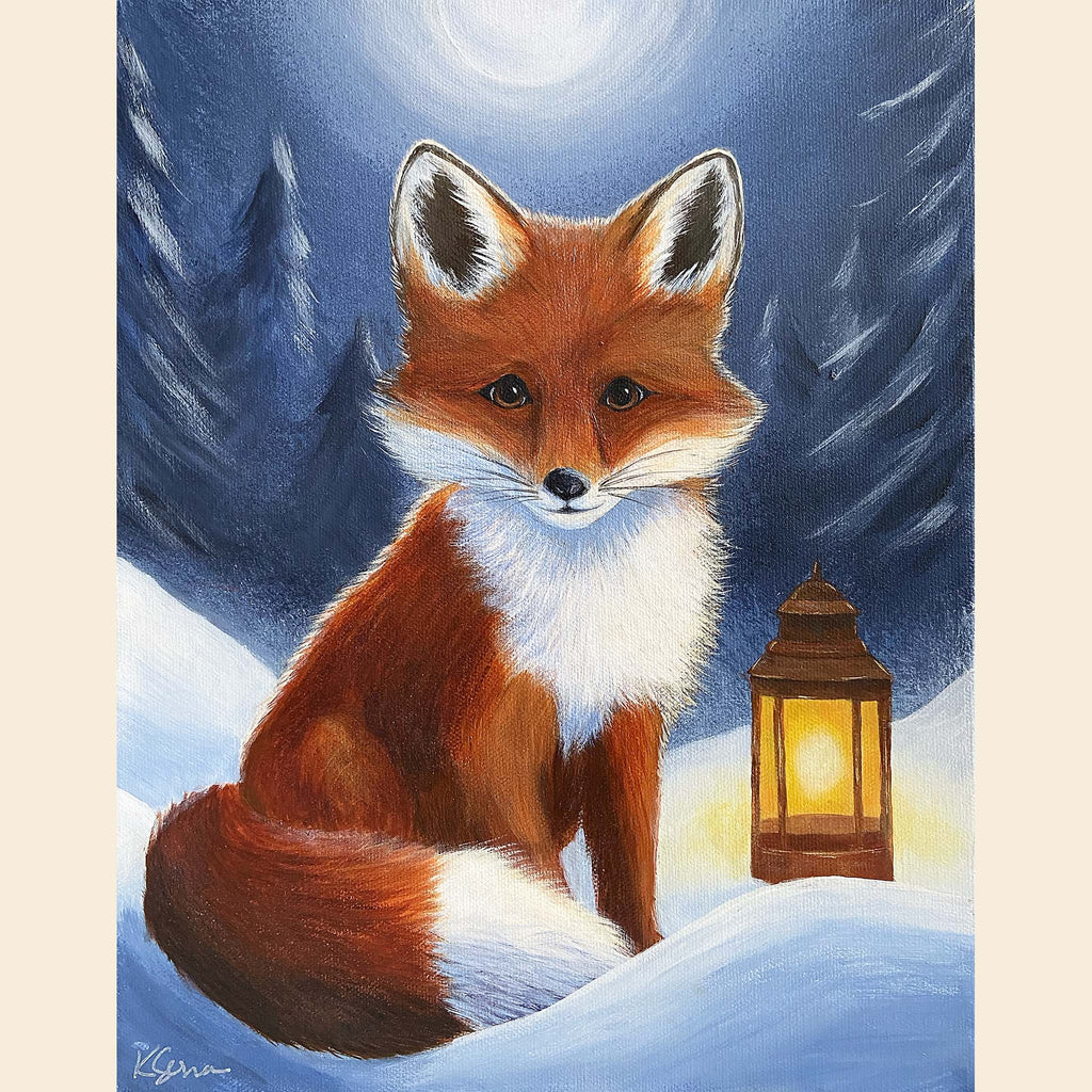 Painting of a fox in a snowy landscape with a lantern
