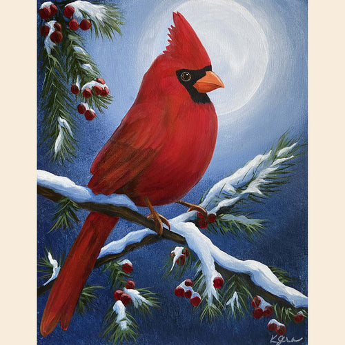 Red cardinal bird on a branch with snow and berries against a moonlit sky
