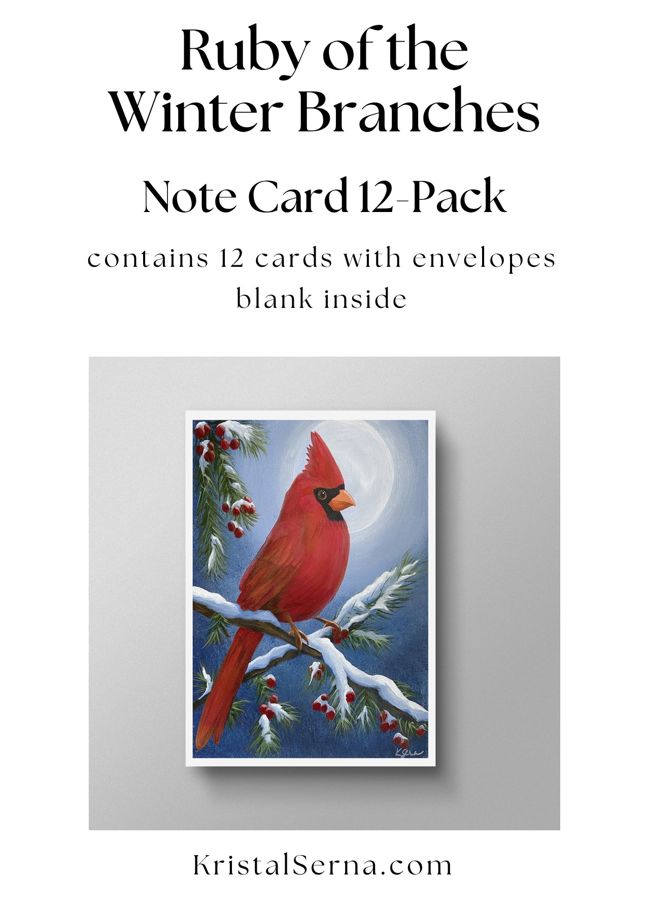 Note card set with a red cardinal on a branch, featuring the artist's website.