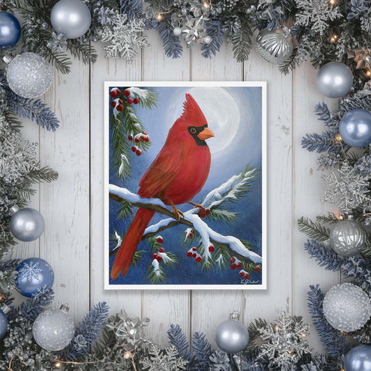 artwork of a red cardinal bird on a branch with berries, surrounded by Christmas decorations.