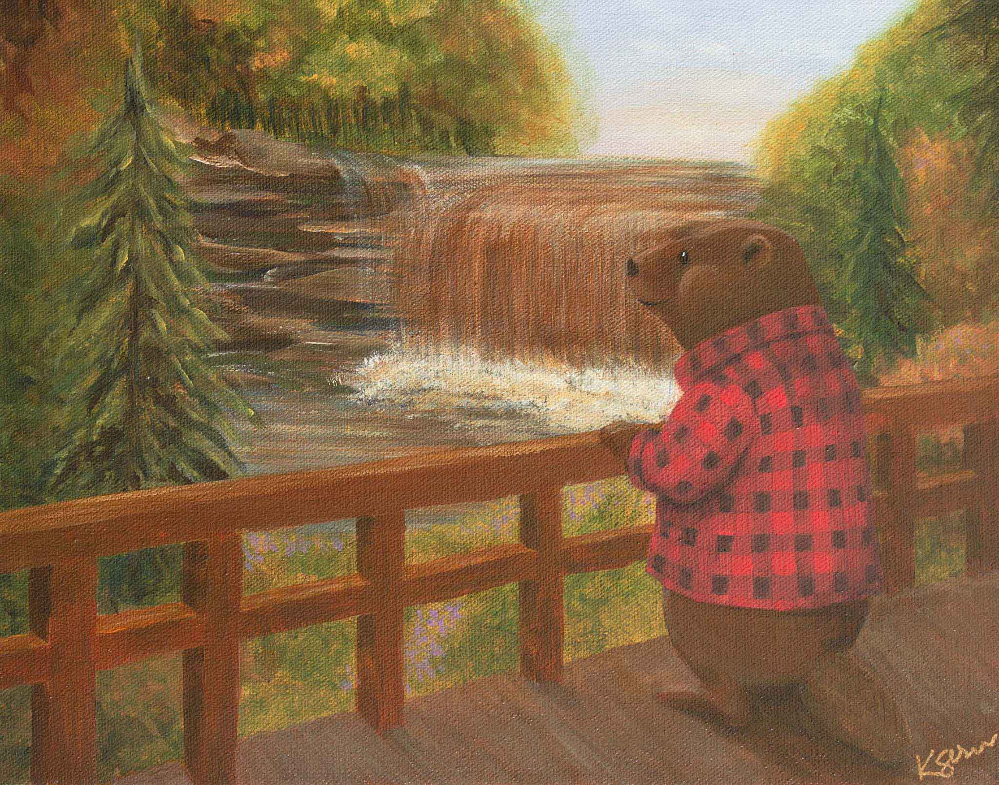 Beaver in a checkered shirt looking at a waterfall in a forest