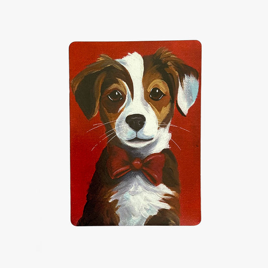 Painting of a dog with a red bow tie on a red background