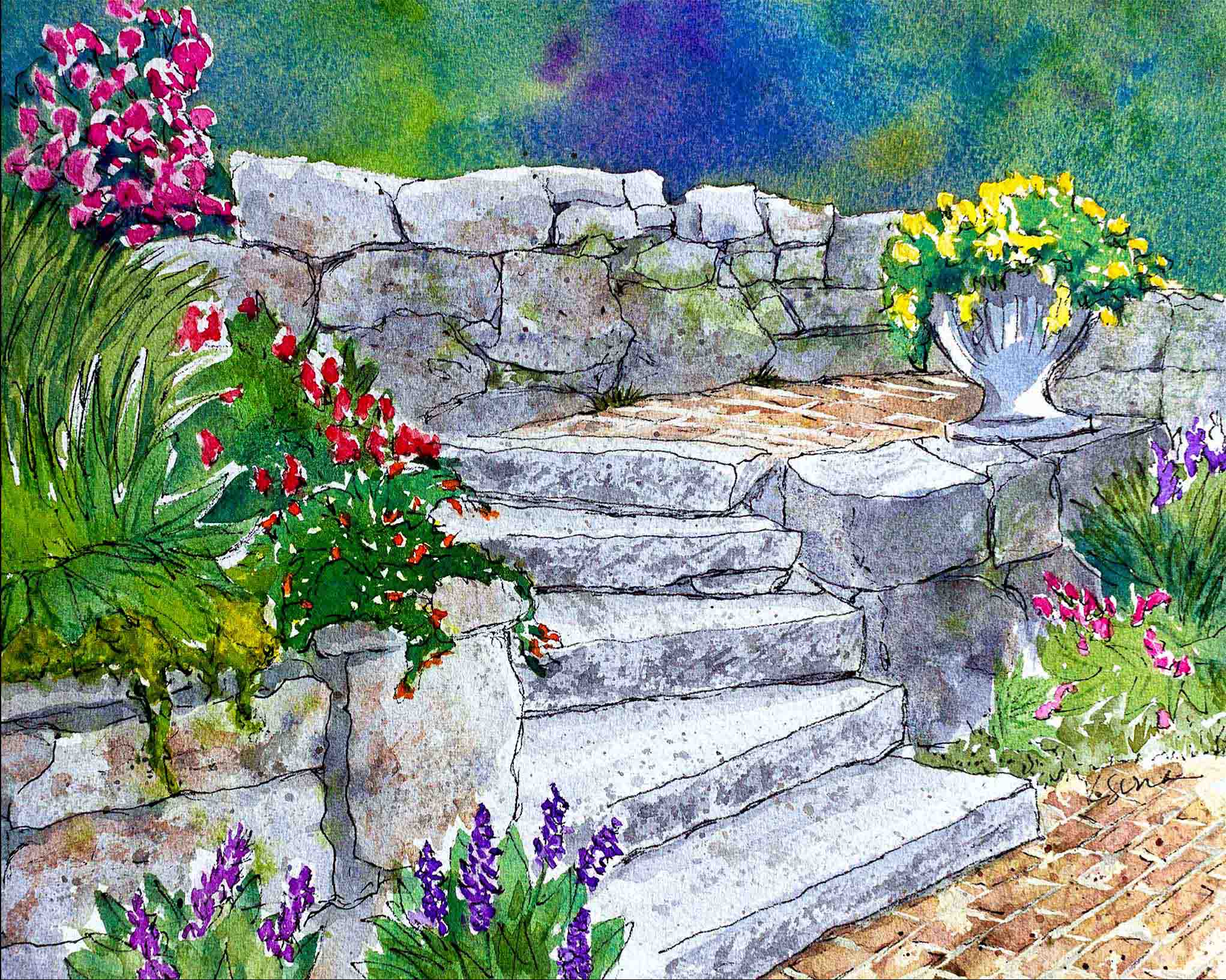 Artistic depiction of stone steps leading to a garden with flowers and plants.