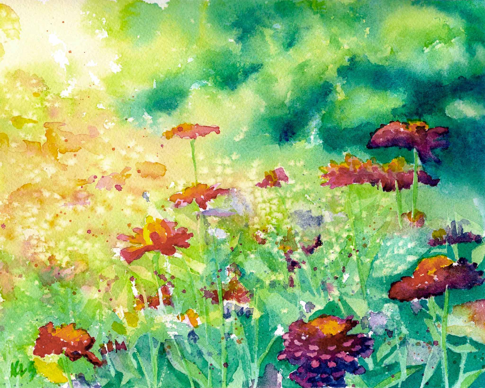 Colorful watercolor painting of flowers and grass