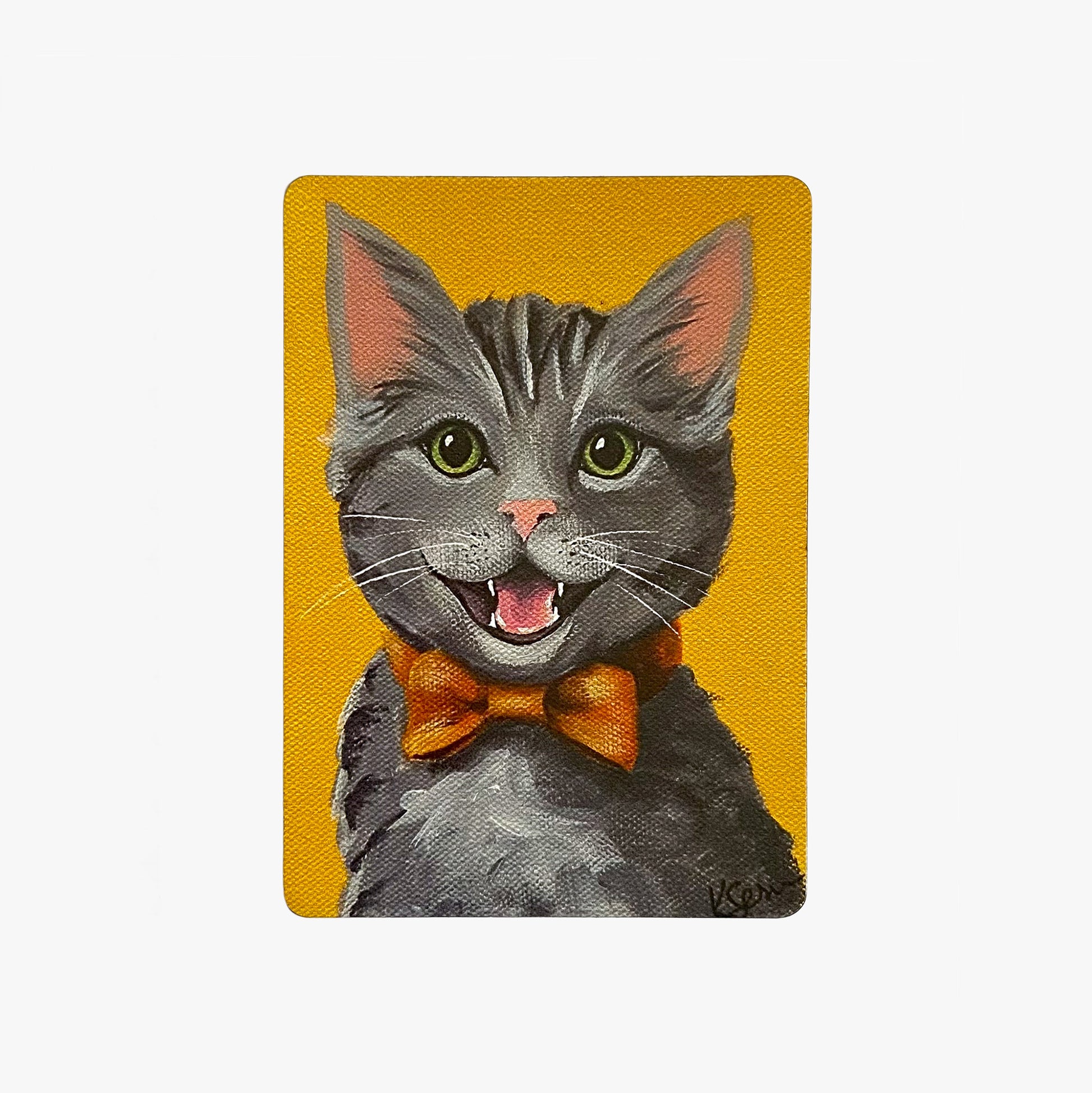 Painting of a cat wearing a bow tie on a yellow background