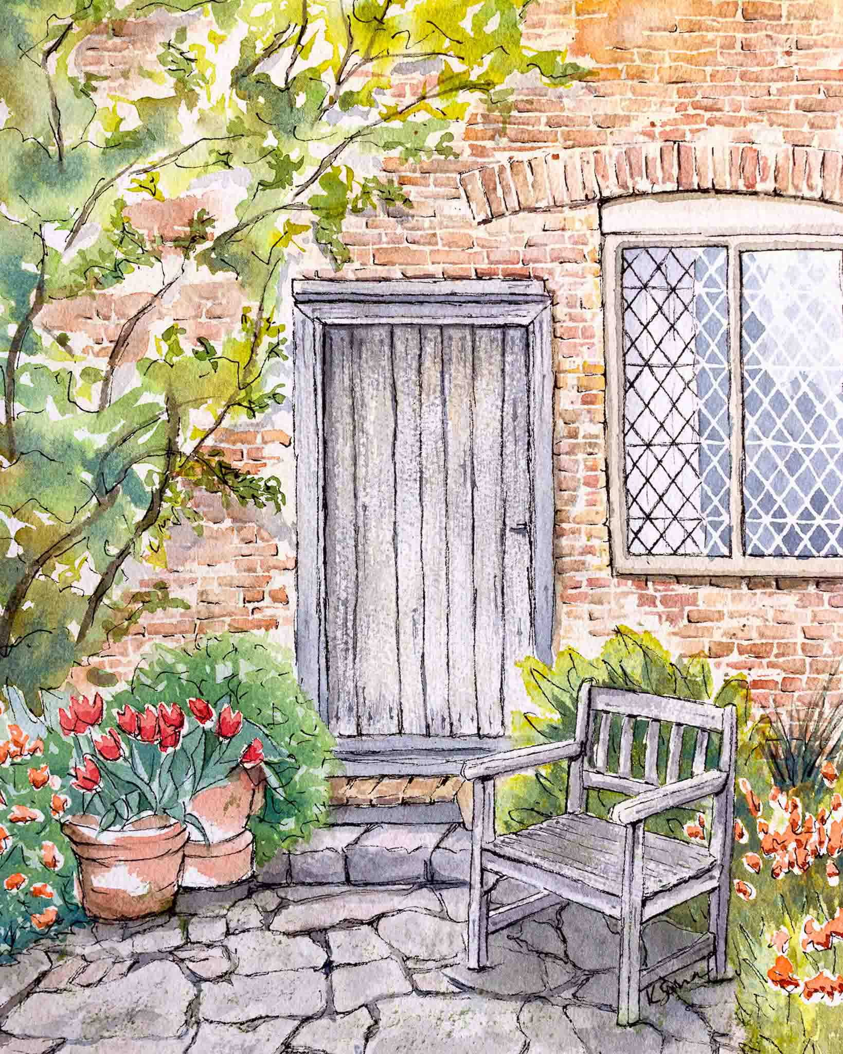 Painting of a garden scene with a bench, plants, and a brick wall.