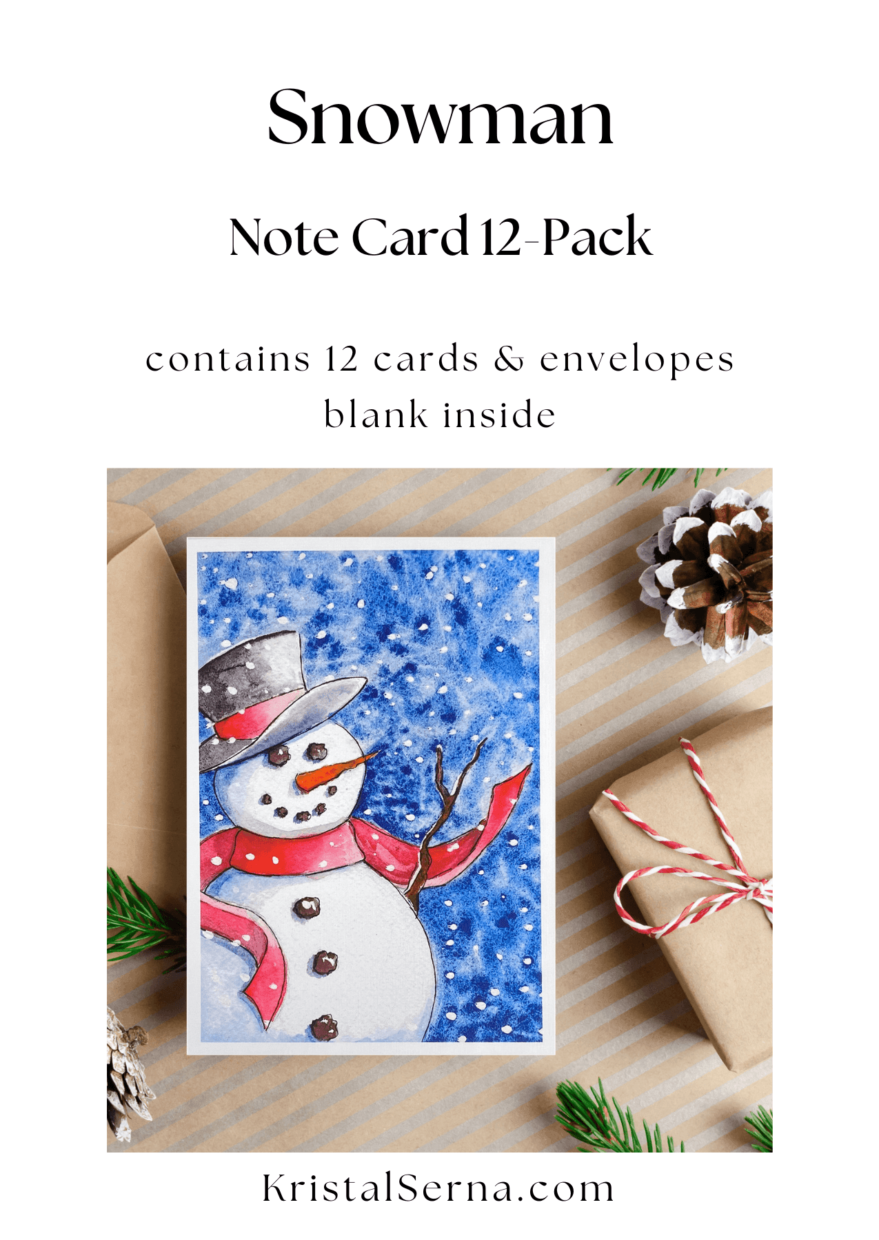 A watercolor painting of a snowman wearing a red scarf and black top hat with snow falling against a deep blue sky.