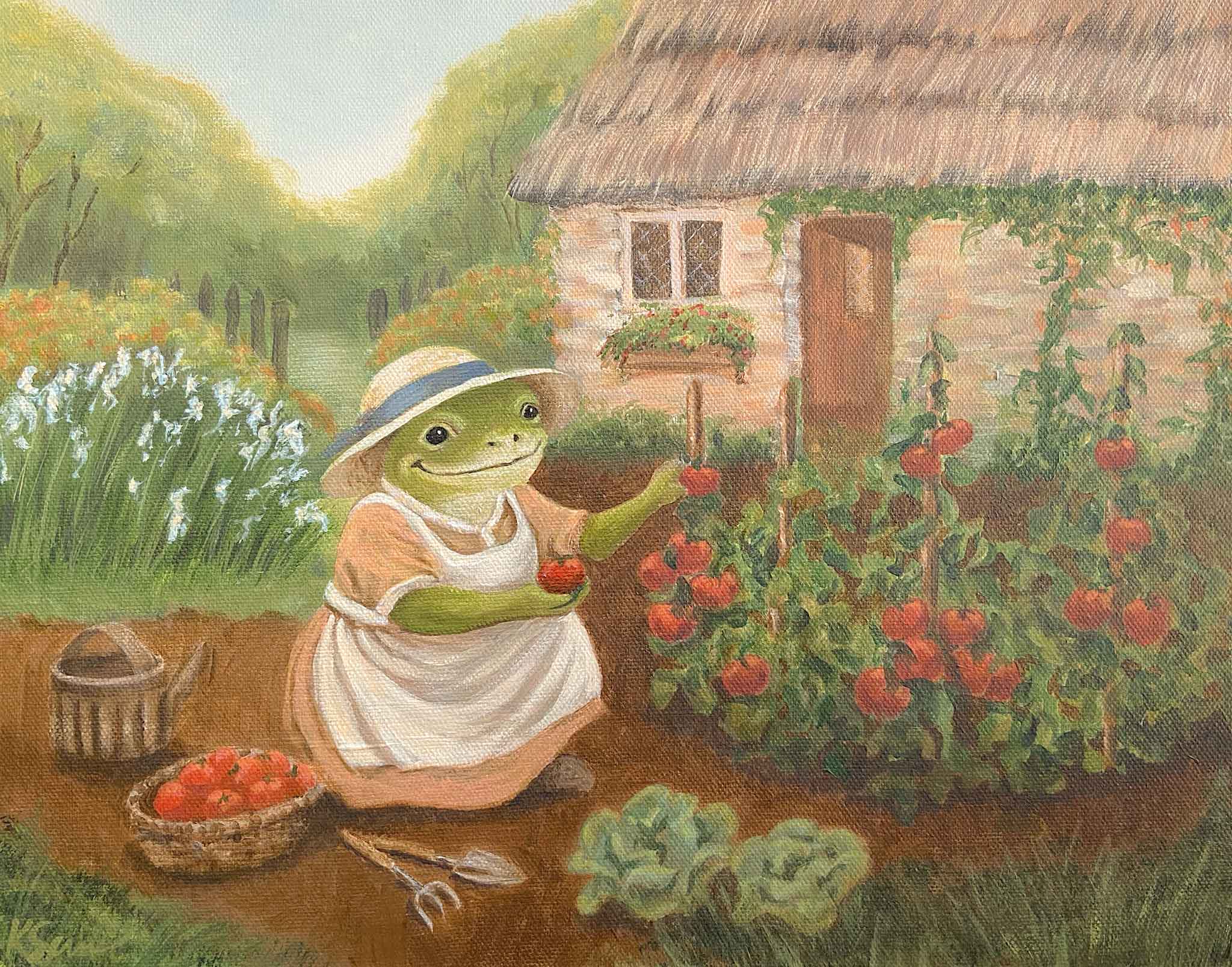 Illustration of a frog gardening in a garden with a house in the background