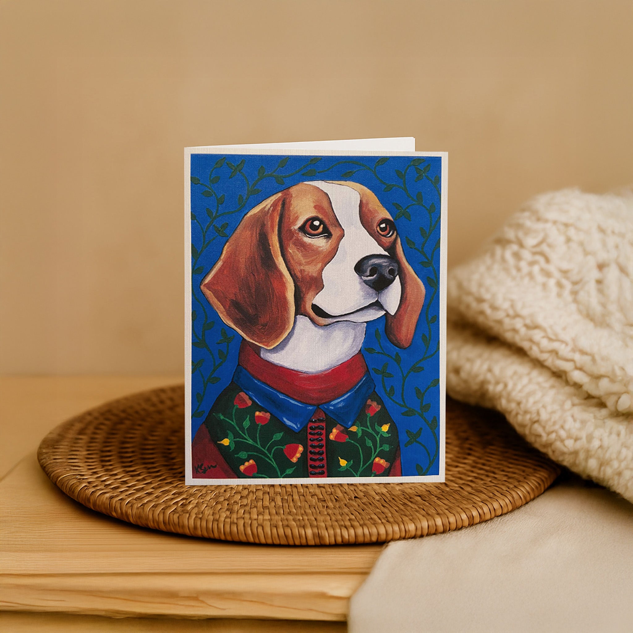 Card with a dog illustration on a woven mat and beige background