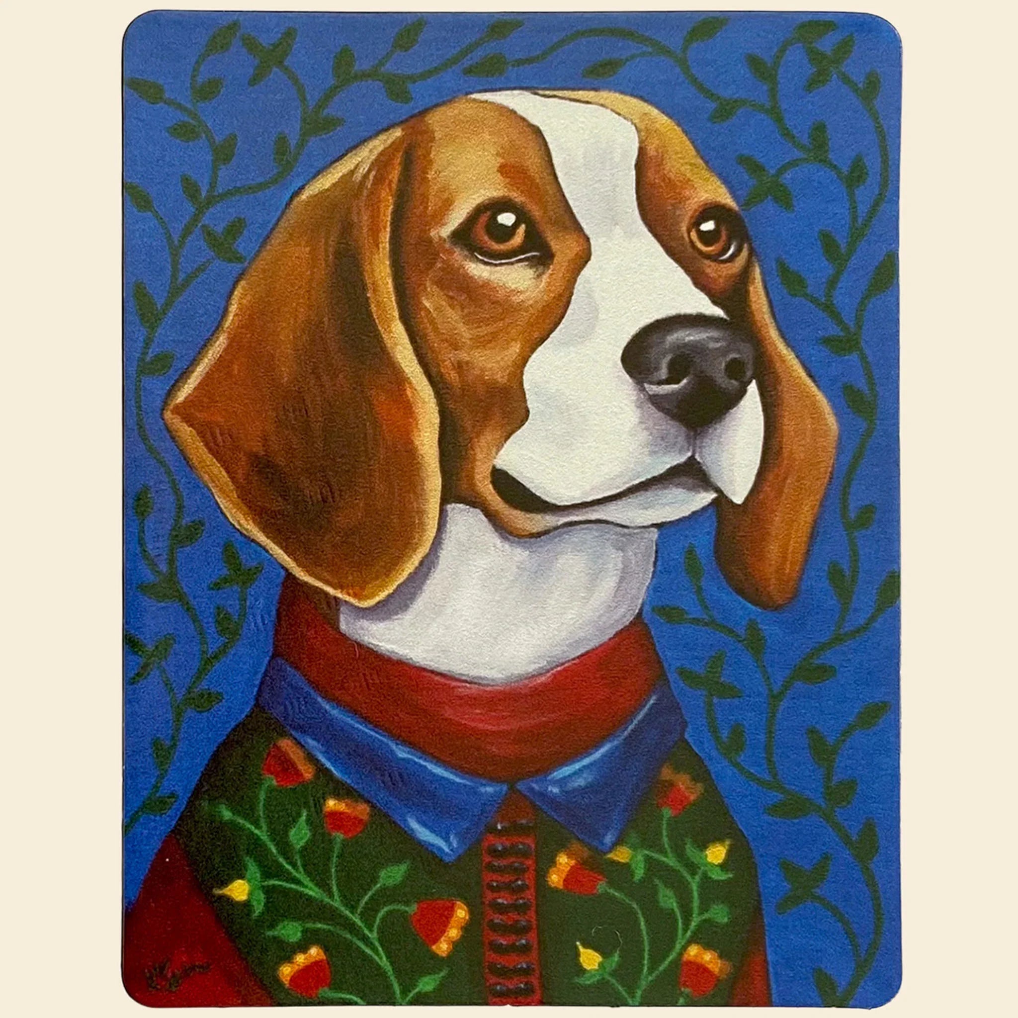 Magnet of a dog wearing a colorful outfit with a blue background