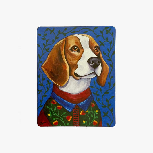 Painting of a dog with a blue background and decorative elements