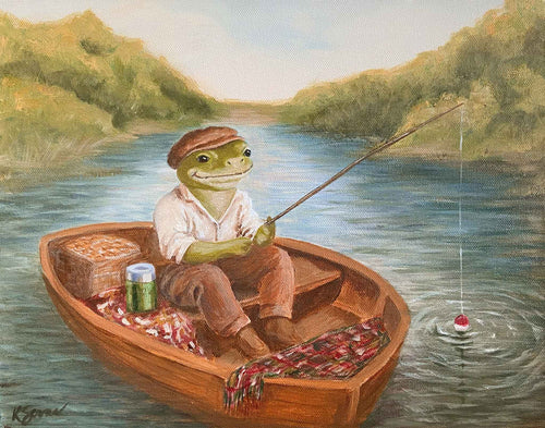 Illustration of a frog fishing in a boat on a lake with trees in the background