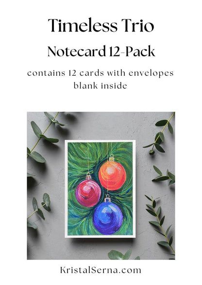 An acrylic painting of three Christmas ornaments—red, pink, and blue—hanging from green pine branches.