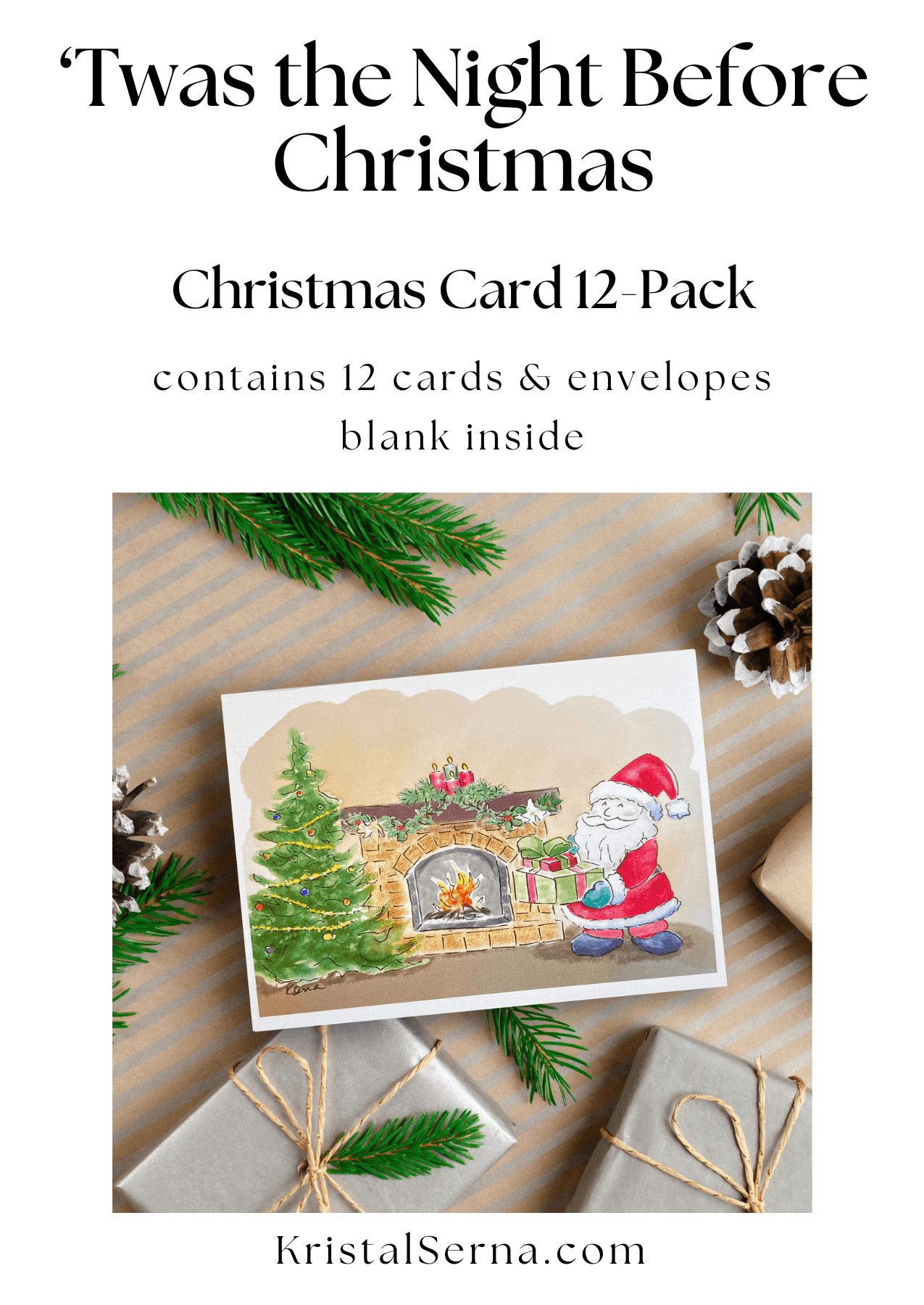 A watercolor and ink painting of Santa placing presents beside a decorated Christmas tree and a fireplace with candles and garland above the mantel.