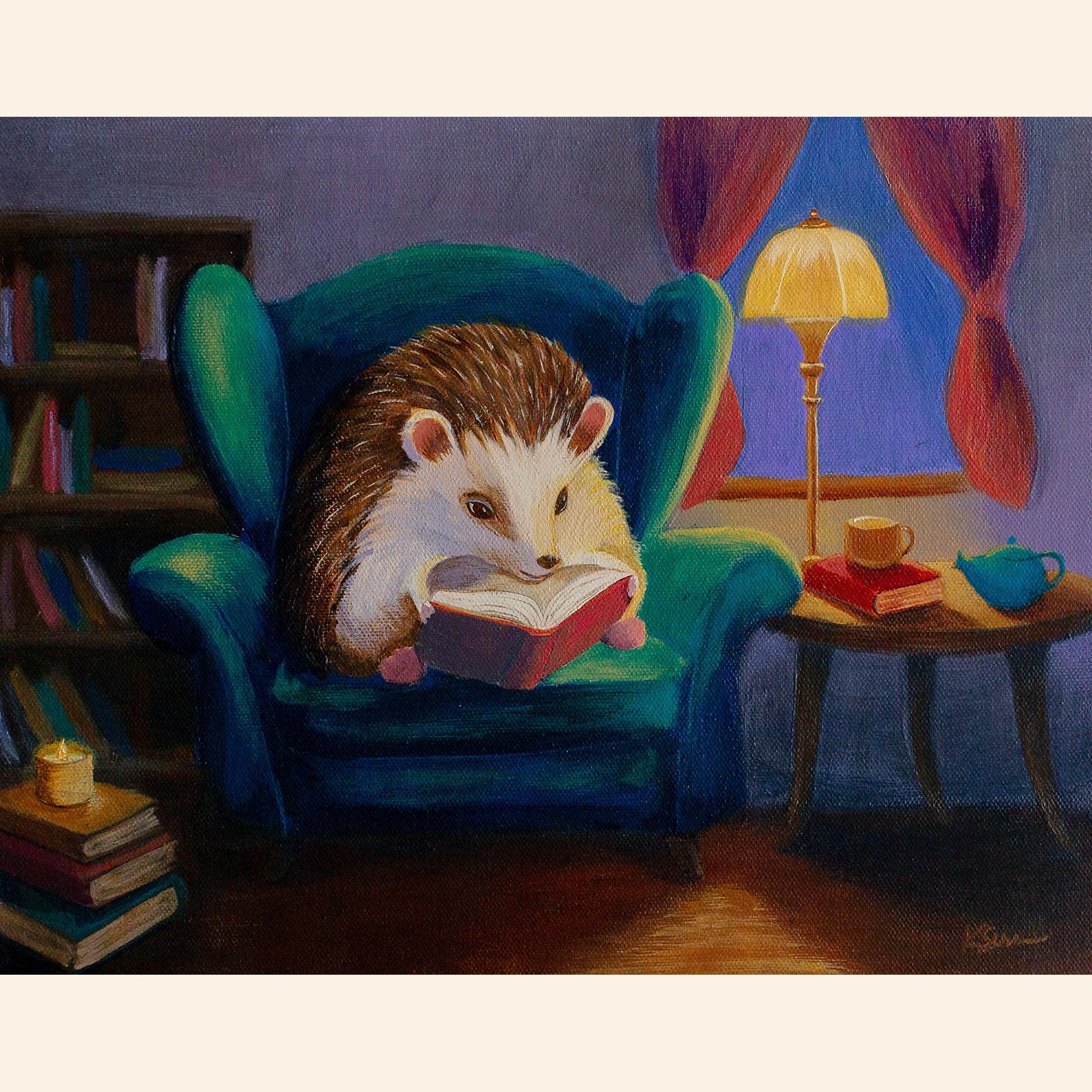 Hedgehog reading a book in a cozy room with a lamp and books.