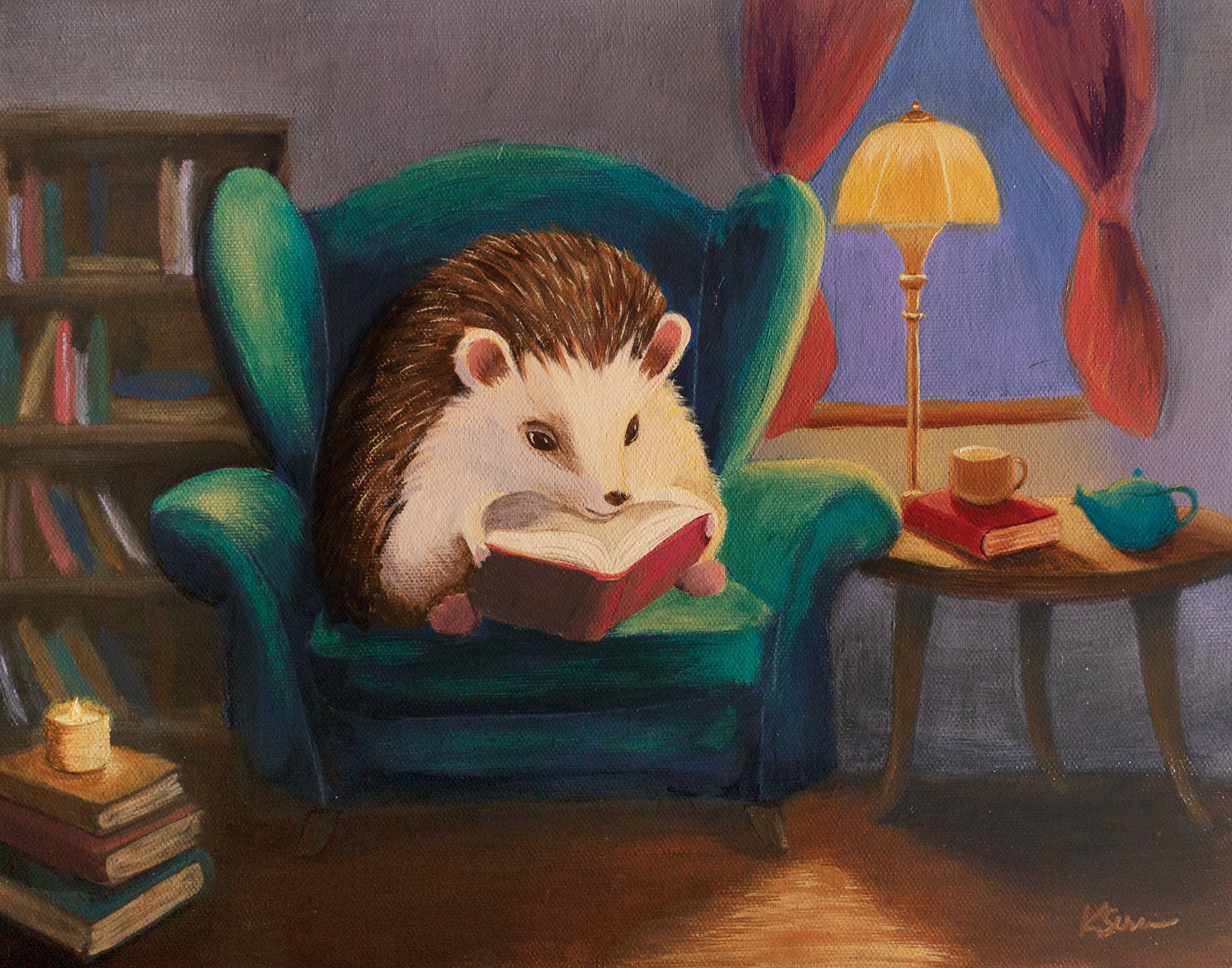 Hedgehog reading a book in a cozy room with books and a lamp.