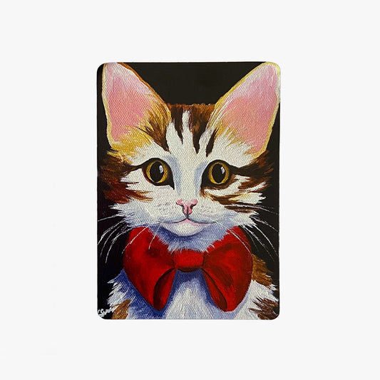 Painting of a cat with a red bow tie on a white background
