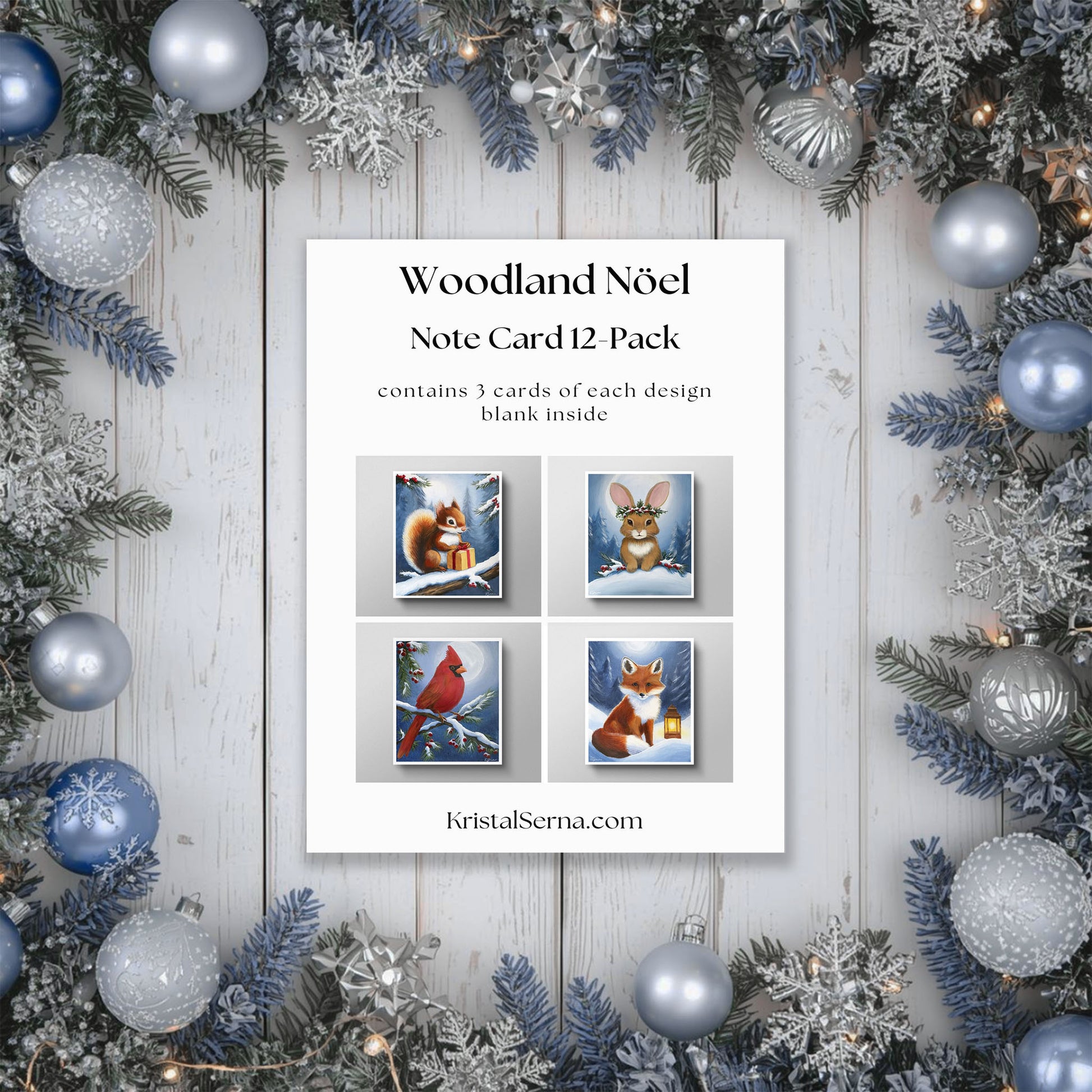 Woodland Noel note card set packaging with Christmas decorations on a wooden background