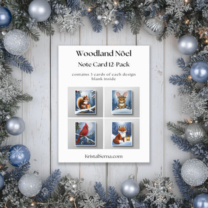Woodland Noel note card set packaging with Christmas decorations on a wooden background